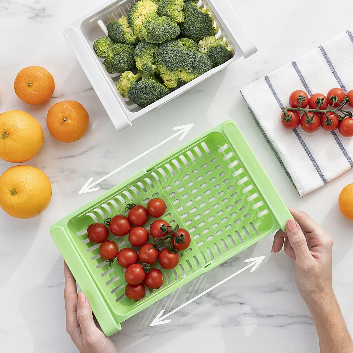 Maximiza el espacio y mantiene los alimentos frescos y visibles dentro de la nevera