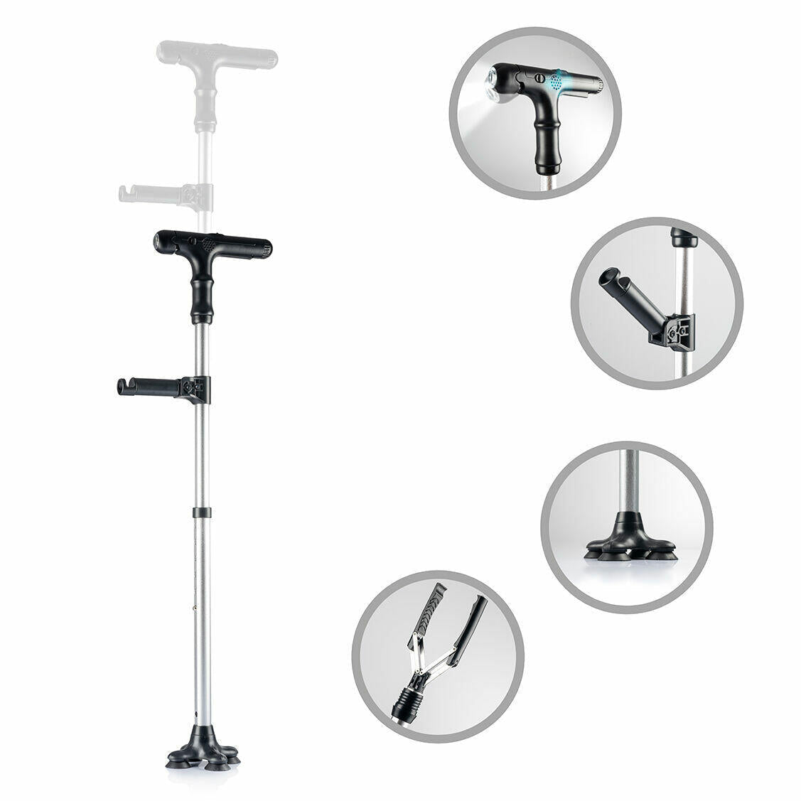 Bastón de 4 puntos de apoyo antideslizantes con luz, doble agarre, alarma y pinza mecánica