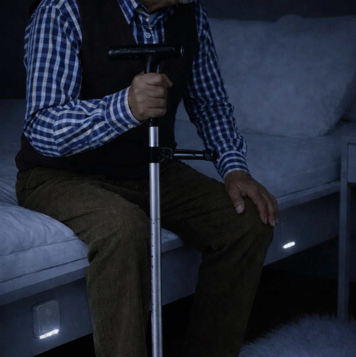 Bastón con luz, doble agarre, alarma, pinza y 4 puntos de apoyo