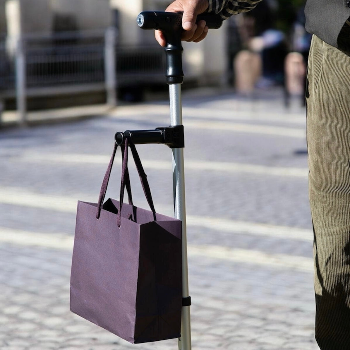 Bastón de 4 puntos de apoyo antideslizantes con luz, doble agarre, alarma y pinza mecánica