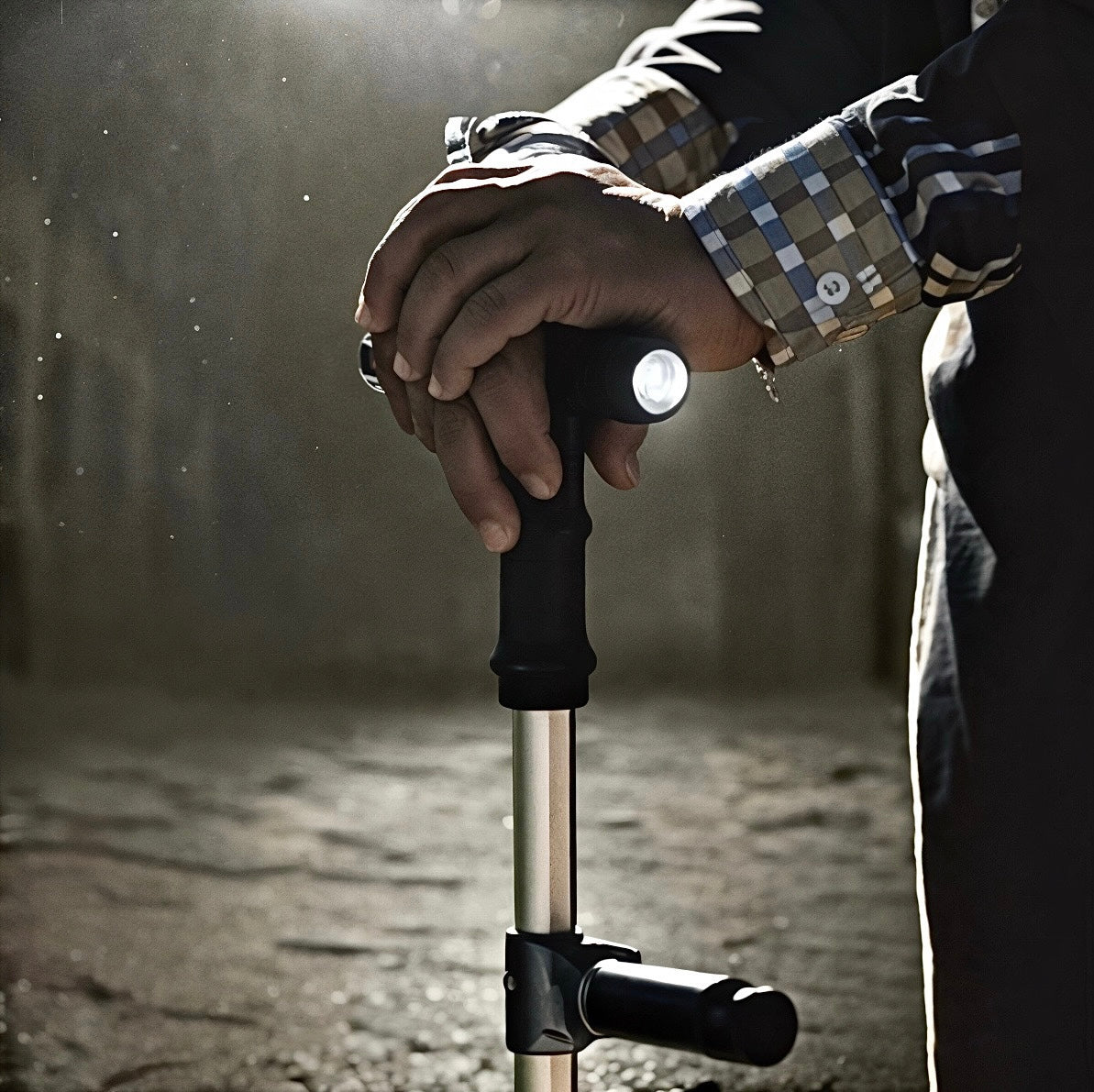 Bastón de 4 puntos de apoyo antideslizantes con luz, doble agarre, alarma y pinza mecánica