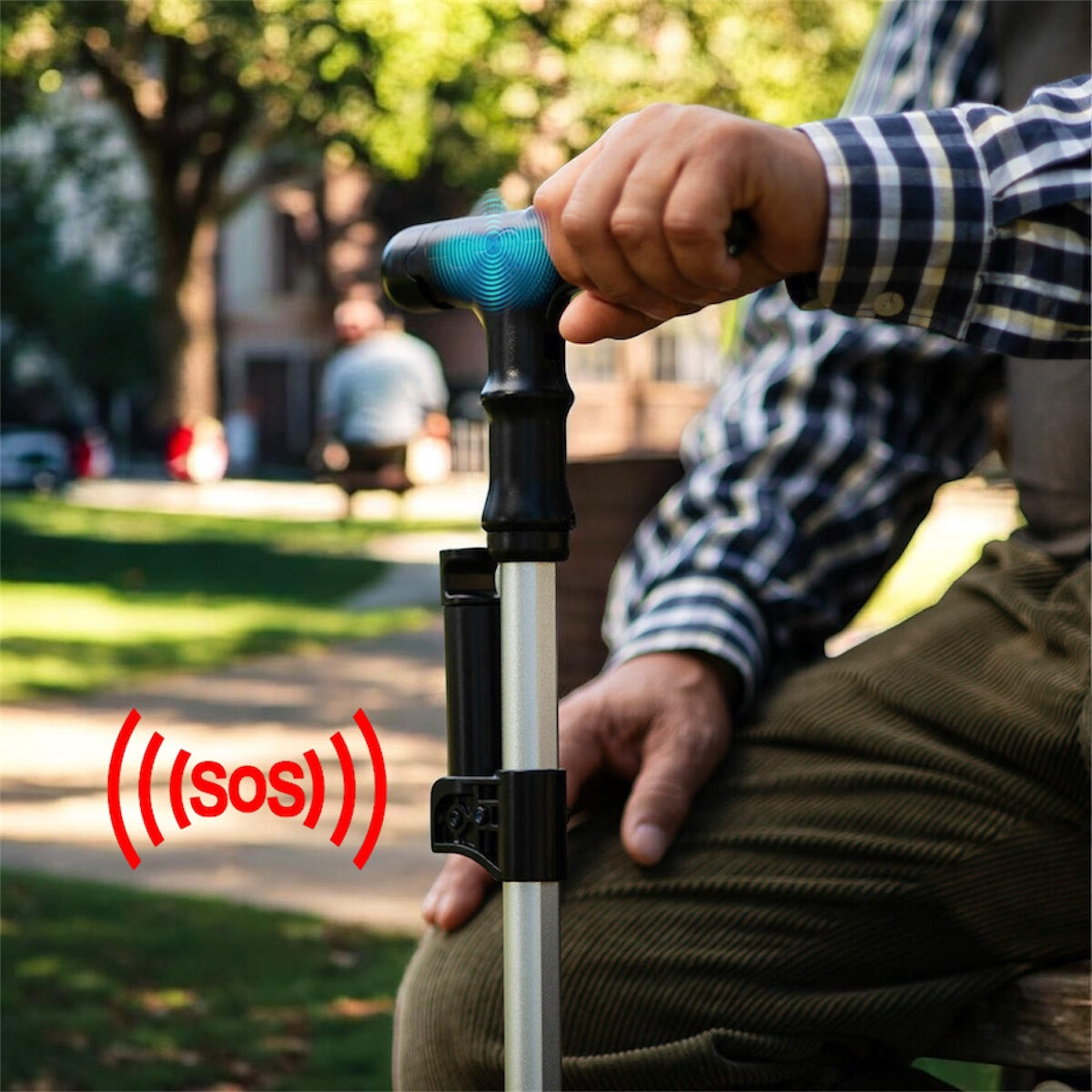Bastón de 4 puntos de apoyo antideslizantes con luz, doble agarre, alarma y pinza mecánica